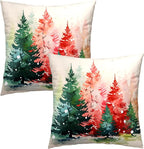 Watercolor Christmas Tree Pillow Covers Set of 2 - Red Green Xmas Pine Trees Decorative Pillow Cases for Winter Holiday Indoor Home Decor Couch Sofa Bed 16X16 Inch