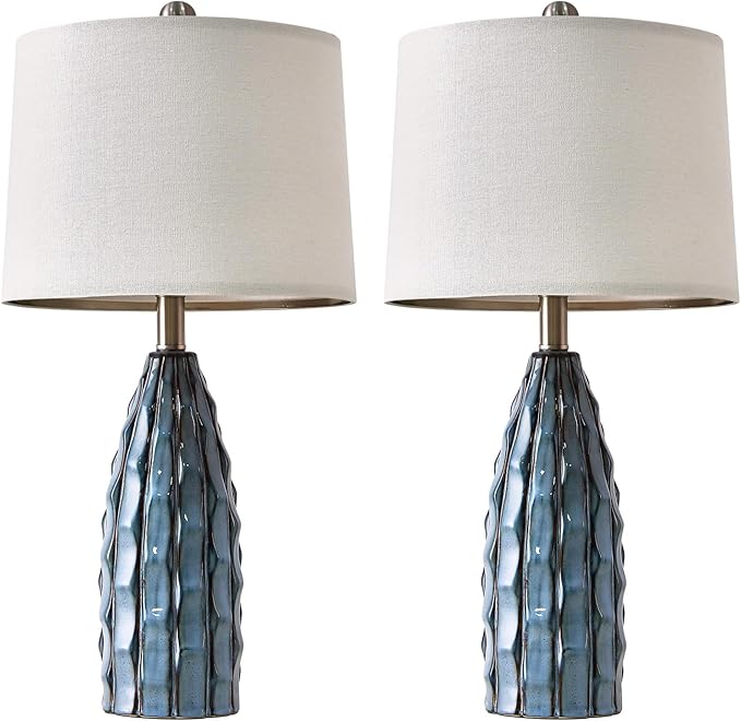 Ceramic Table Lamps Set of 2, 23.75" Modern Farmhouse Bedside Lamp - Blue Nightstand Lamps for Bedroom, Boho Living Room End Tables, Small Office Desk Lamp Decor