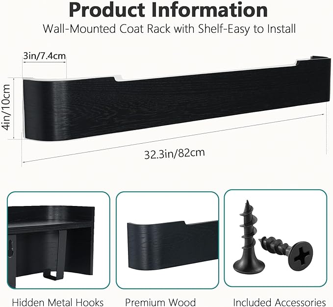 Coat Rack Wall Mount with Hidden Hooks Entryway Hanging Shelf Modern Wood Coat Hanger for Bedroom Kitchen Hallway Bathroom (Black,32.7 Inch Long)