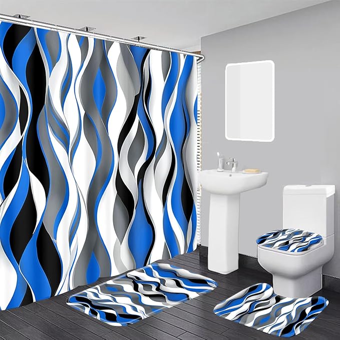 Modern Striped Shower Curtain Set with Waterproof Fabric, 70.8x70.8 Inches, Includes 12 PCS Hooks - Blue, Black, White, Grey Design, Home Bathroom Decor with Rugs and Toilet Lid Cover.