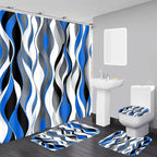 Modern Striped Shower Curtain Set with Waterproof Fabric, 70.8x70.8 Inches, Includes 12 PCS Hooks - Blue, Black, White, Grey Design, Home Bathroom Decor with Rugs and Toilet Lid Cover.