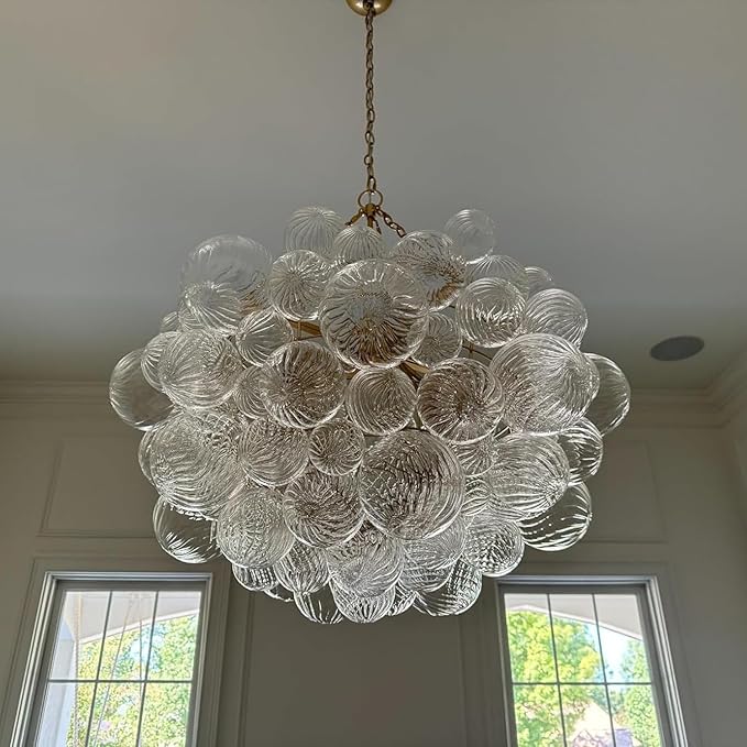 Longree Nordic Bubble Ball Swirled Glass Chandelier, Dia 36 inch Gild Gold and Clear Blown Glass Large Pendant Light Fixture for Bedroom Study Restaurant Entry Room