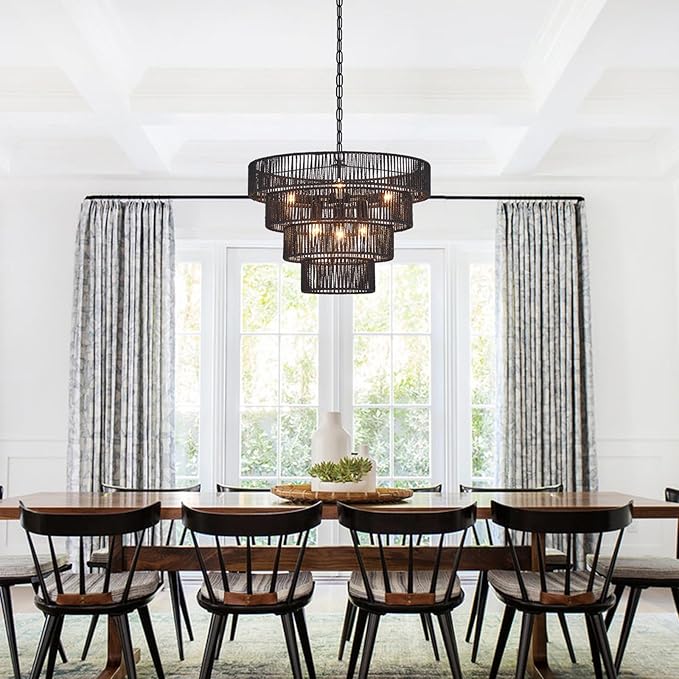 Black Rattan Chandelier Vintage Farmhouse 6-Lights Boho Hand-Woven Bamboo Black Chandeliers Light Fixture Retro Drum Wicker Chandelier for Dining Room, Kitchen, Living Room, E12