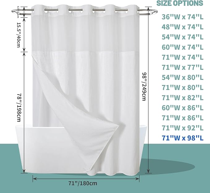 White Extra Long No Hook Waffle Weave Shower Curtain with snap-in Liner Replacement, 230GSM Waterproof Fabric Hotel Shower Curtain Set for Bathroom, Through Mesh Top Window,71Wx98H