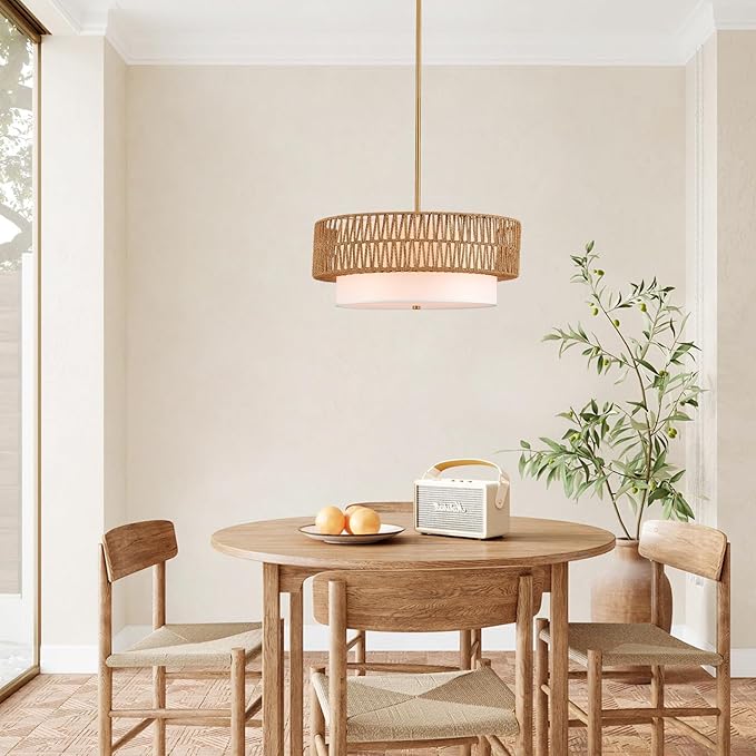 19" Rattan Chandelier 3-Light Vintage Farmhouse Hand-Woven Boho Hanging Light Fixture Modern Drum Wicker Rattan Gold Chandelier with Fabric Shade for Dining Room, Kitchen, Living Room
