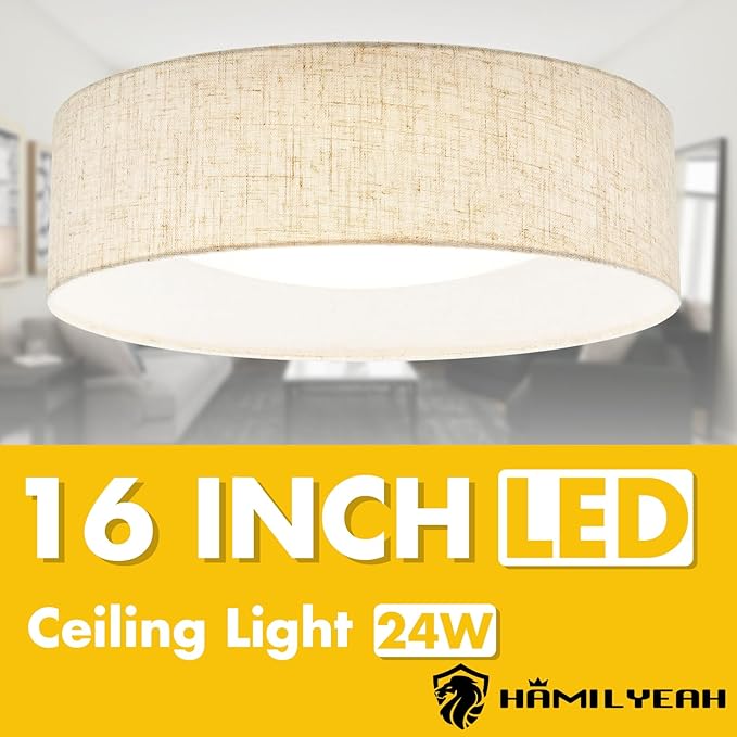 Hamilyeah 16 inch LED Flush Mount Ceiling Light, 24W Kitchen Lighting Fixture Ceiling Mount with Fabric Shade, Dimmable Drum Ceiling Lighting Fixture 5CCT for Bedroom, Bathroom, Living Room, Kitchen