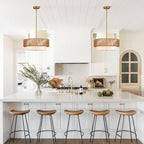 19" Bamboo Rattan Chandelier Hand-Woven Hanging Light Fixture Golden Drum Chandelier with Fabric Shade Vintage Farmhouse Bamboo Wicker Light Fixtures for Dining Room, Kitchen, Living Room