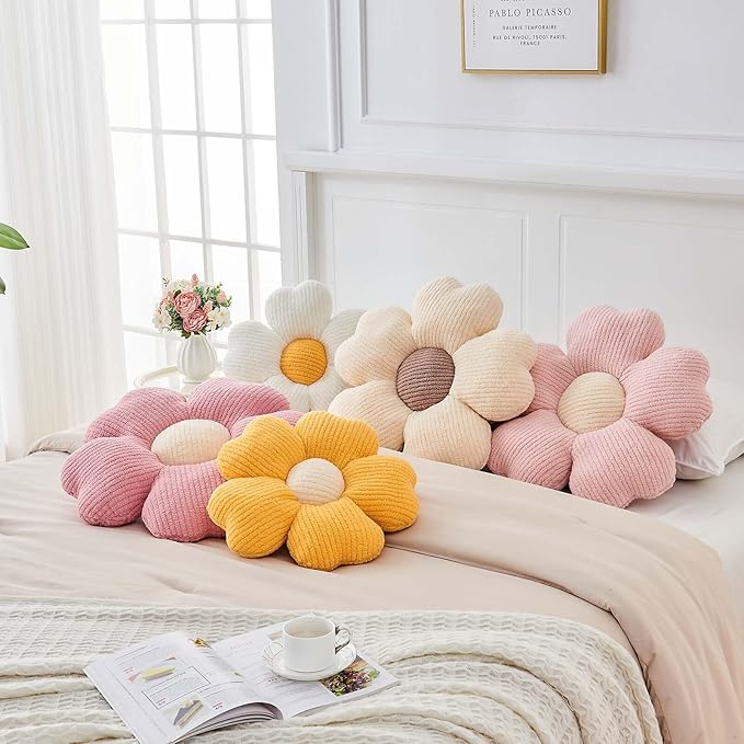 Flower Throw Pillow, Cute Flower Shaped Pillow Decorative Throw Pillow for Bed Couch, Soft Daisy Pillows Floor Seating Cushion Cushions (19.6 Inch Ivory+Pink)