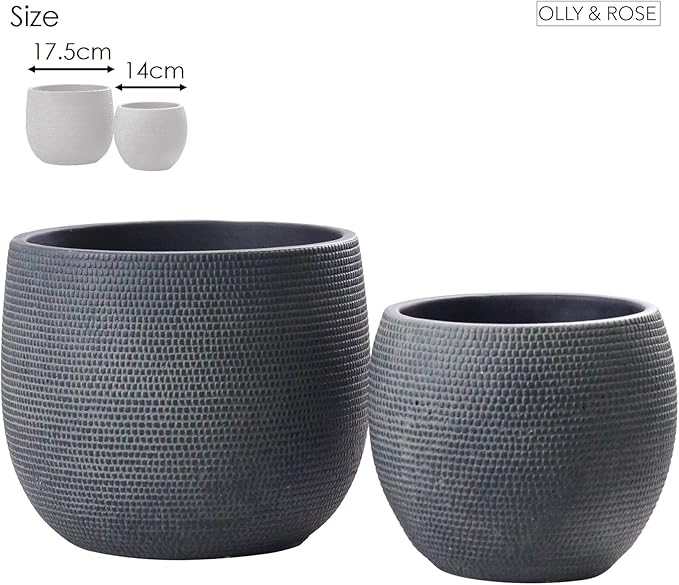 Olly & Rose Barcelona Ceramic Plant Pot Set 2 - Black Flower Pots 7" and 5.5" - Indoor & Outdoor Planters (Black)