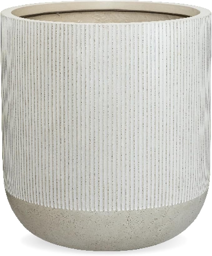 14.2" H x 13" D Ribbed Radius Fiberstone Round Planter with Drainage Hole, Weather Resistant for Indoor and Outdoor Use, Included 2 Extra Coco Mats (Frost Grey, 11.5" Pot Opening)