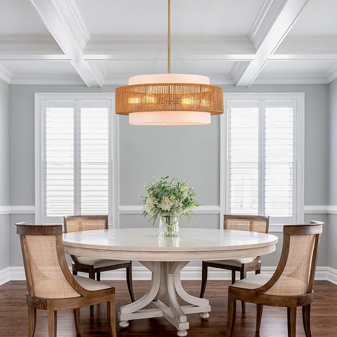 23.6" Rattan Chandelier with Linen Boho Farmhouse Hand Woven Bamboo Chandeliers Light Fixture Vintage Modern Drum Wicker Rattan Gold Chandelier for Dining Room, Kitchen, Living Room,Foyer