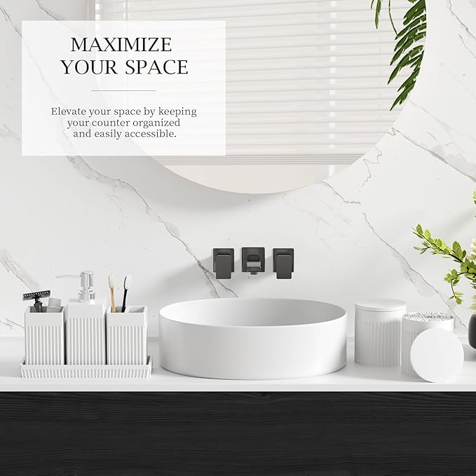 6-Piece White Bathroom Set - Modern Resin Bathroom Accessories Set with Soap Dispenser, Toothbrush Holder, Vanity Tray, Tumbler & Apothecary Jars for Small Spaces