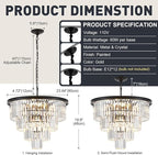 4-Tiers 23.6" Black Modern Crystal Chandelier 12-Light Crystal Pendant Ceiling Light Fixture Hanging Lighting for Entryway Dining Room Bedroom Living Room Foyer High Ceiling