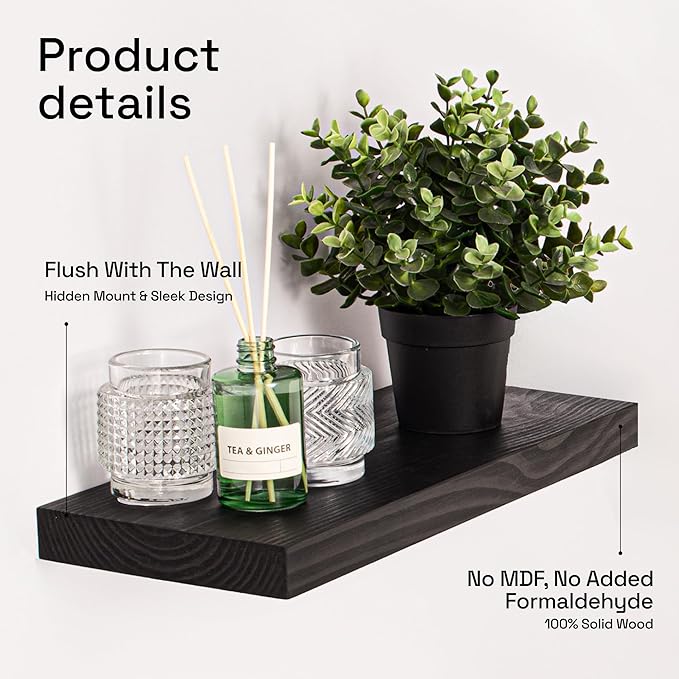 BAOBAB WORKSHOP Wood Floating Shelves for Bathroom Wall - Black Shelf 16 inch - Solid Wood Shelves for Wall for Bedroom Kitchen Living Room - Black Floating Shelves - 16 x 6.7 Inch, Set of 2