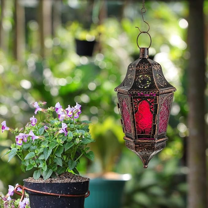 DECORKEY Lantern Decorative Indoor & Outdoor, 13.6’’ Moroccan Style Vintage Decorative Hanging Lantern with Chian for Home Porch Patio Decor, Metal Christmas Halloween Ramadan Candle Holders(Purple)