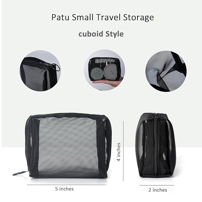 patu Portable Mini Zipper Mesh Bags, Size S, 5" x 4" x 2", 3 Pieces, Beauty Makeup Lipstick Cosmetic Accessories Organizer, Small Travel Kit Storage Pouch, Black