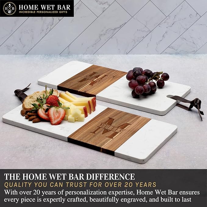Personalized Acacia Charcuterie Board | Custom 15" x 7" White Marble & Acacia Wood Cheese Board | Perfect Housewarming + Wedding + Couples Gift Idea