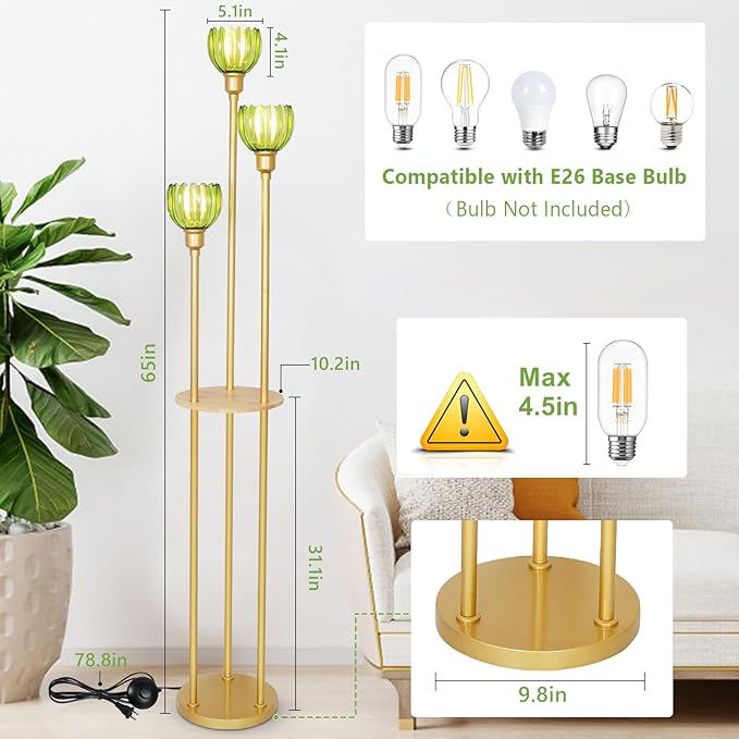 HMVPL Gold Floor Lamp for Living Room, Boho Floor Lamp with Shelves, Vintage Standing Lamp with Table, Brass Flower Tall Lamp with Green Glass Shade, On/Off Switch, Mid Century Corner Lamp for Bedroom