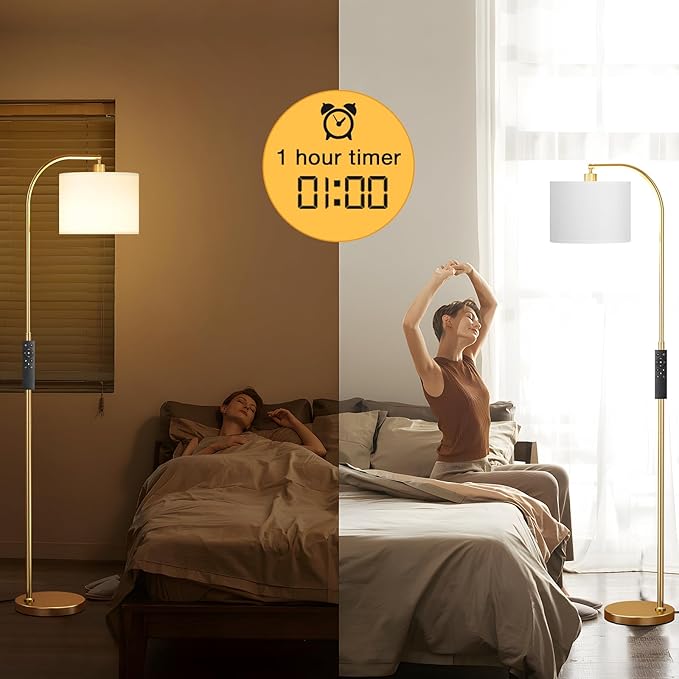 Arc Floor Lamp with Remote and Stepless Dimmable Bulb, Colors Temperature & Brightness Adjustable, Floor Lamps for Living Room（White Shade & Gold Pole）