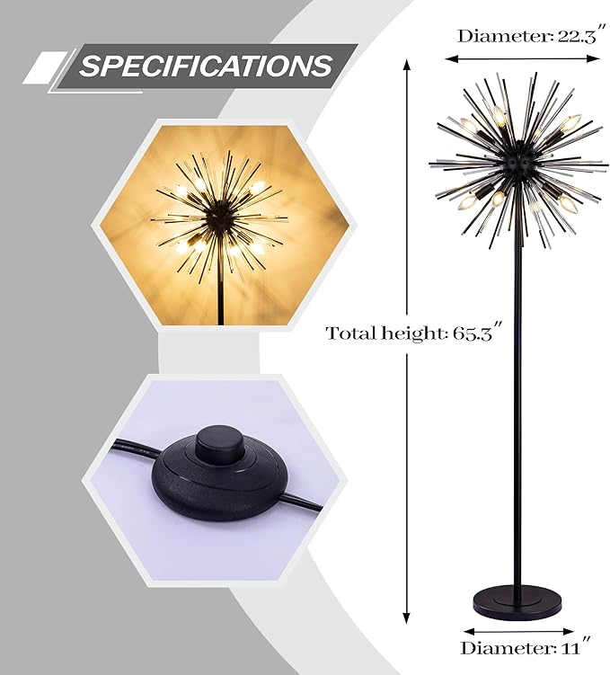 Wellmet Black Floor Lamp for Living Room, Mid Century Modern Floor Lamps for Bedroom, 65.3 Inch Tall Unique Metal Floor Lamp for Corner Decorative, Globe Shade