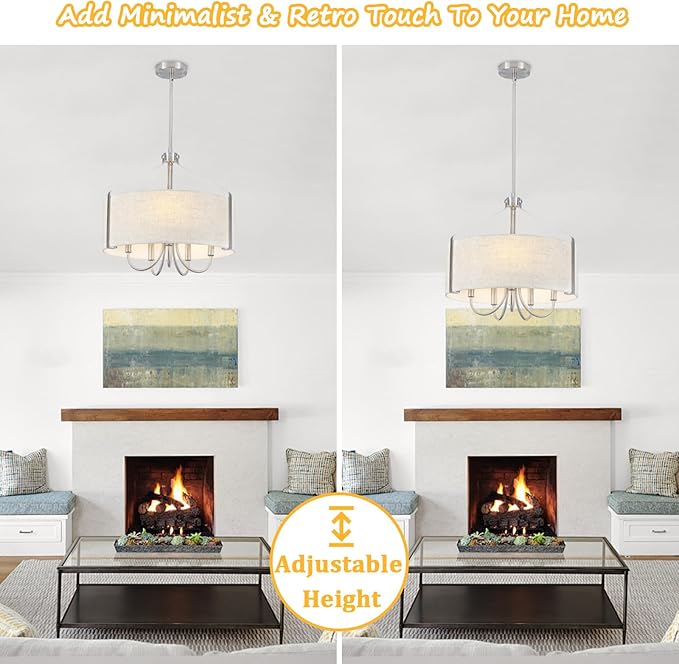 5-Light Drum Chandelier for Dining Room 18" Farmhouse Pendant Light with Linen Lampshade – Brushed Nickel Chandelier for Kitchen Island, Living Room, Bedroom, Entryway & Foyer