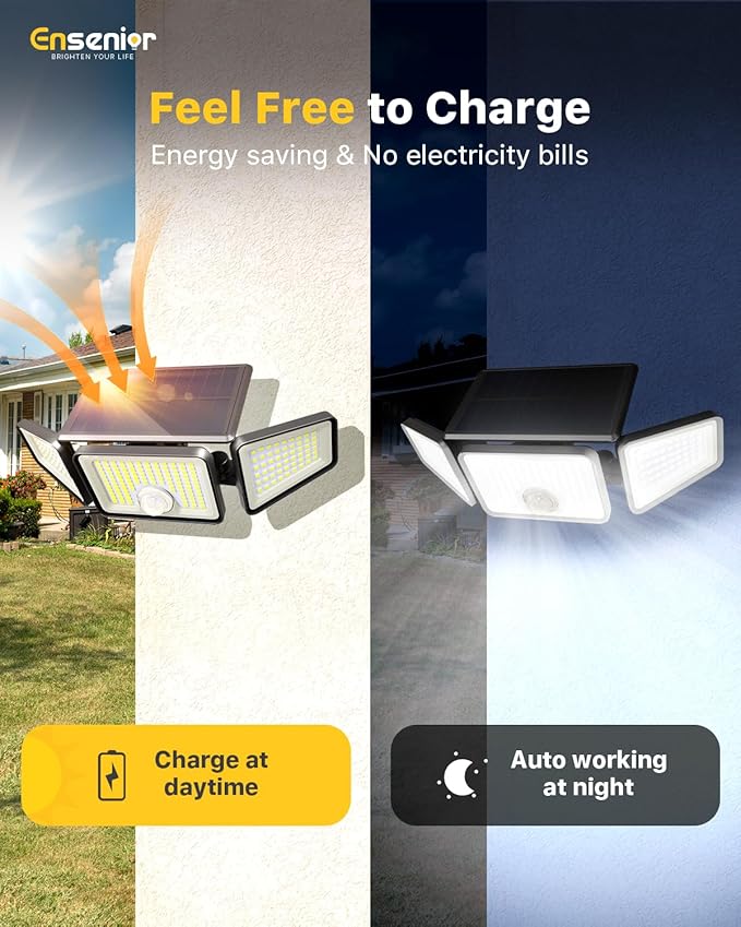 Ensenior Motion Sensor Outdoor Lights, 220 LED IP65 Waterproof Solar Security Light with Remote Control, 3 Heads Solar Flood Light Outdoor with 4 Modes, 270° Wide Angle Motion Light for Outside -4Pack