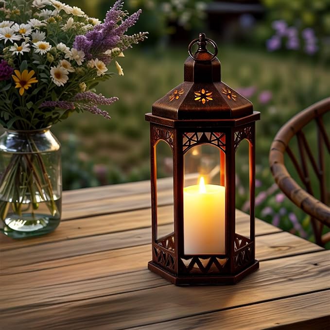 LED Hexagon Lantern with Flameless LED Candle, Unique Shape and Pattern to Give an Upscale Garden Party Vibe. Suitable for Home and Outdoor Usage or Wedding.Battery Powered (Black)