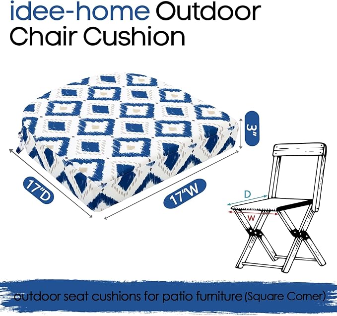 idee-home Outdoor Chair Cushions Set of 2, Thick 17" x 17" x 3" Outdoor Seat Cushions Patio Furniture Waterproof with Ties, Dining Pads