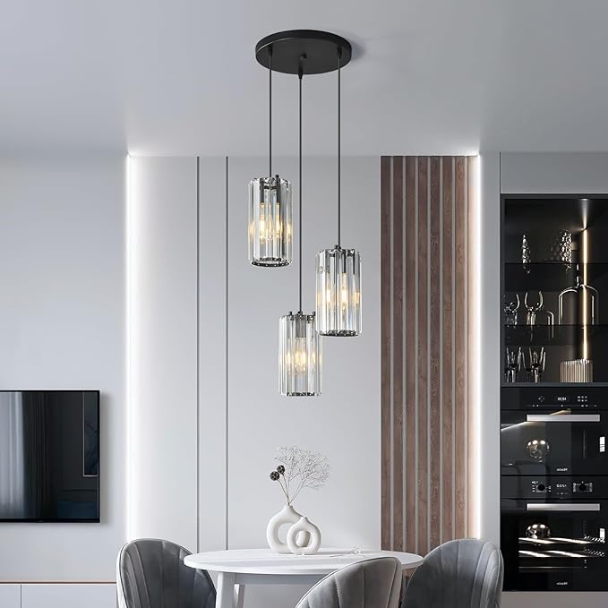 Black Pendant Lighting Modern Pendant Light, Mini Crystal Chandeliers,Adjustable Pendant Light Fixture for Kitchen Island Dinning Room Corridor Bedroom(Black 3-Light)
