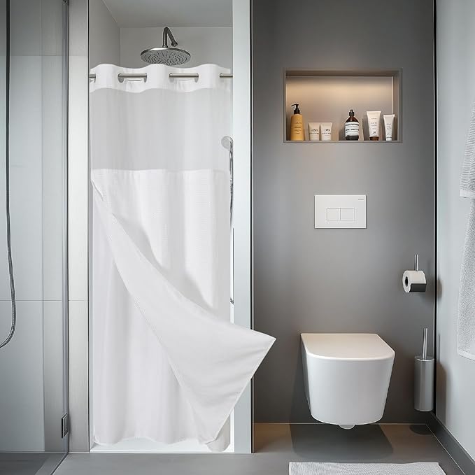 White No Hook Waffle Weave Shower Curtain with snap-in Liner Replacement, 230GSM Waterproof Fabric Hotel Shower Curtain Set for Bathroom, Through Mesh Top Window,36Wx74H