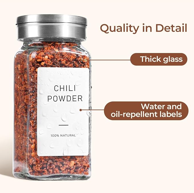 ComSaf 4oz 24PCS Spice Jars with Adjustable Shaker lids，93 Labels, Comdiment Jars Set, Empty Spice Containers and Square Ingredient Bottles for Kitchen and Seasoning, Salt and Pepper Shaker Set
