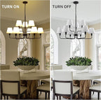 Black Chandeliers for Dining Room with White Fabric Shades,33”Light Fixture Chandelier,9-Lights foyer chandeliers for high ceilings,2 Tiered Lantern Farmhouse Pendant Light for Living Room,Entryway