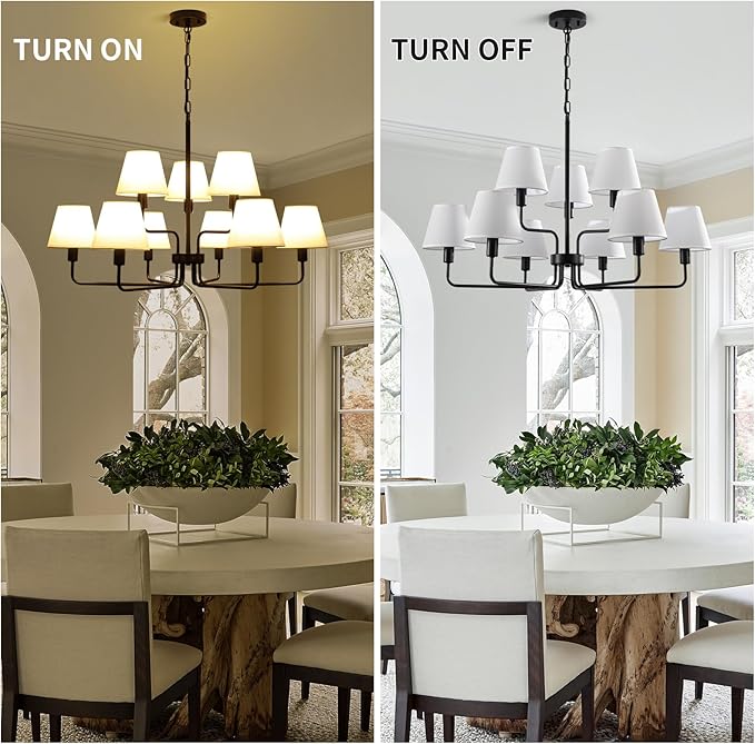 Black Chandeliers for Dining Room with White Fabric Shades,33”Light Fixture Chandelier,9-Lights foyer chandeliers for high ceilings,2 Tiered Lantern Farmhouse Pendant Light for Living Room,Entryway