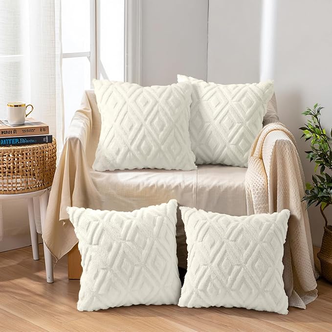 decorUhome Pack of 4 Faux Fur Throw Pillow Covers 20x20, Soft Decorative Couch Pillow Covers with Velvet Back for Modern Sofa Living Room, Cream White