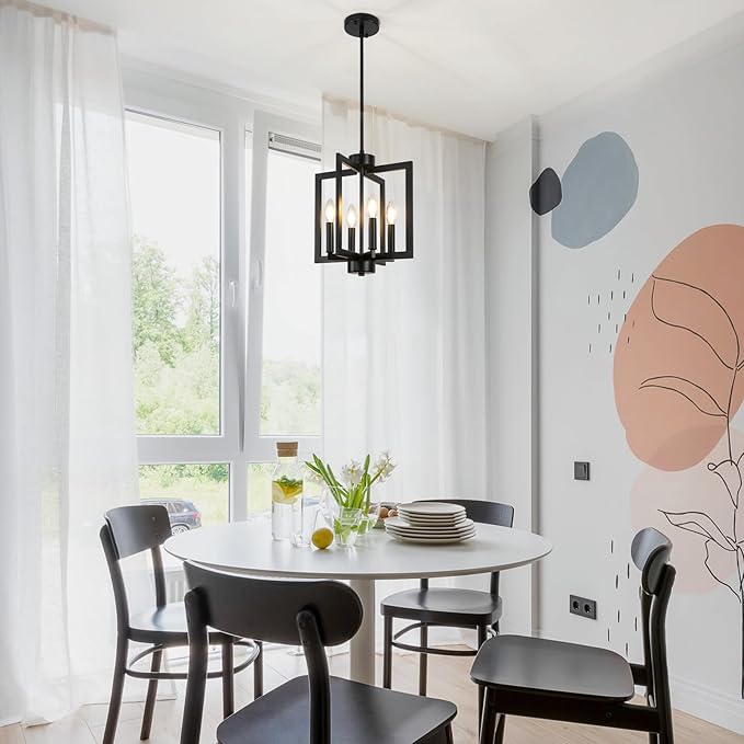 4-Light Black Farmhosue Chandelier For Entryway, Dining Room Chandelier Over Table, Modern Pendant Light Kitchen Island, Industrial Candle Lantern Light Fixture Kitchen, Bedroom, Stairway, Foyer