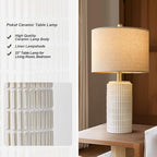 PoKat 23'' Bedside Table Lamp for Bedroom Nightstands, Ceramic Lamp for Living Room, White Night Stand Light with Round Linen Shade, Modern, Silver
