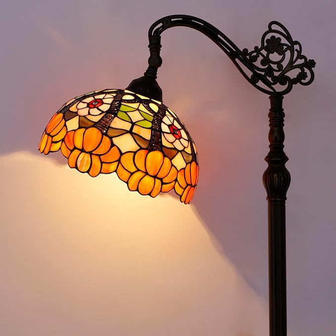 Tiffany Floor Lamp Stained Glass Orange Flower Style Arched Reading Light Gooseneck Adjustable Corner Standing Lamp 12X16X66 Inch for Bedroom Living Room Home Office