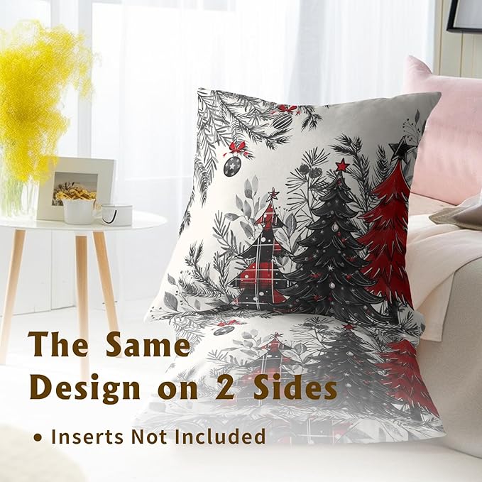 Christmas Tree Throw Pillow Covers 18x18 Set of 2, Buffalo Plaid Xmas Trees Bells Winter Holiday Decorative Pillow Cases Cotton Cushion Cover for Bed Sofa Couch Chair Home Car