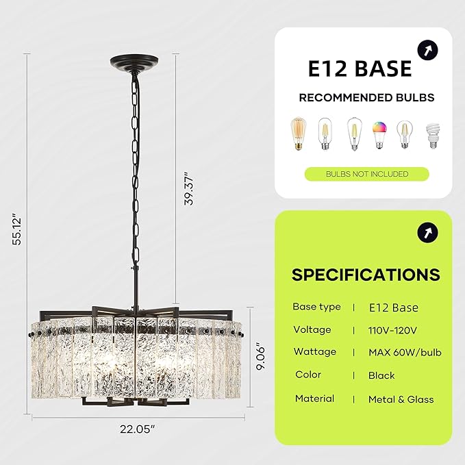 Black Crystal Chandeliers for Dining Room 6-Light, 22” Modern Water Ripple Glass Light Fixture, Farmhouse Round Lighting for Kitchen Island, Bar Table