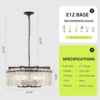 Black Crystal Chandeliers for Dining Room 6-Light, 22” Modern Water Ripple Glass Light Fixture, Farmhouse Round Lighting for Kitchen Island, Bar Table
