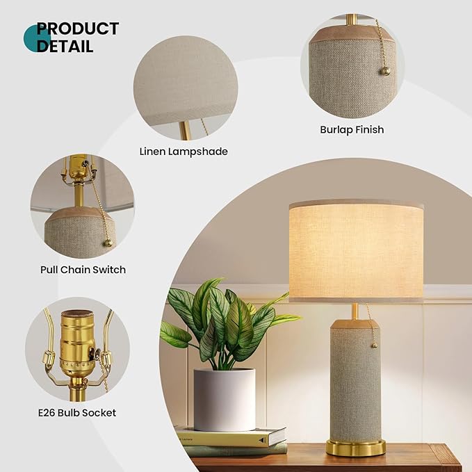 Boho Bedside Table Lamps Set of 2-22.4" Modern Nightstand Lamp for Bedroom Living Room, Vintage End Table Lamp with Linen Shade