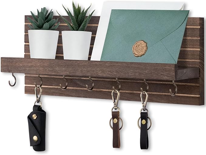 Key Holder Wall Mount, Entryway Mail Organizer with Shelf, Decorative Key Hanger with 7 Hooks Holds Leashes and Glasses, Includes Mounting Hardware (13.8” x 5.3” x 3.2”)