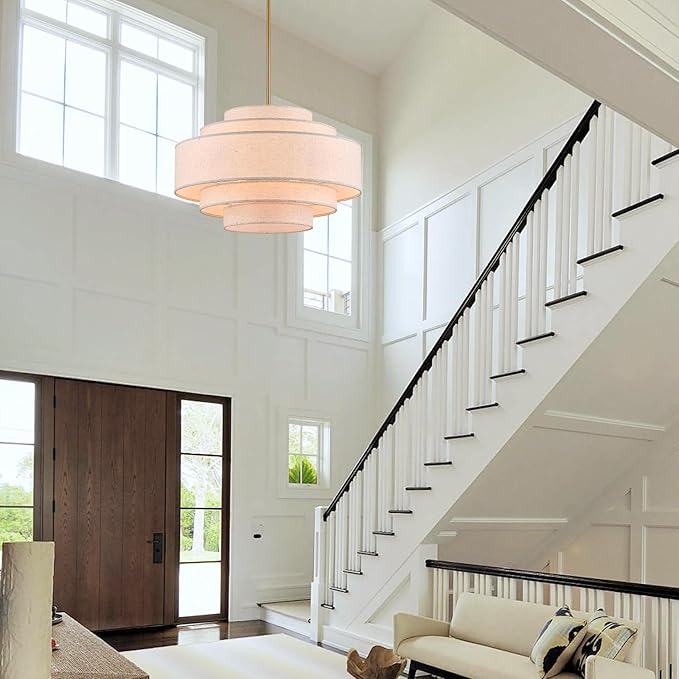 Modern 26" Large Drum Chandelier 6-Lights Vintage Modern Chandelier Light Fixture with Linen Shade Retro Farmhouse Drum Chandeliers for Dining Room, Kitchen Island, Living Room, Bedroom