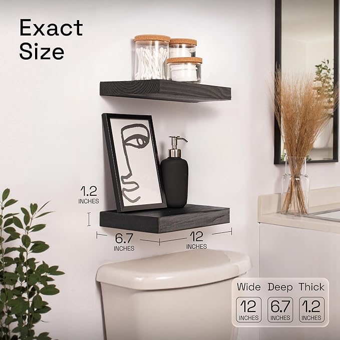 BAOBAB WORKSHOP Solid Wood Floating Shelves for Wall 12 Inch Wide, Small Wooden Shelves for Room Wall Black, 12 in Bathroom Shelves Kitchen Bedroom Rustic Farmhouse, Black Shelf, 12W x 6.7D, Set of 2