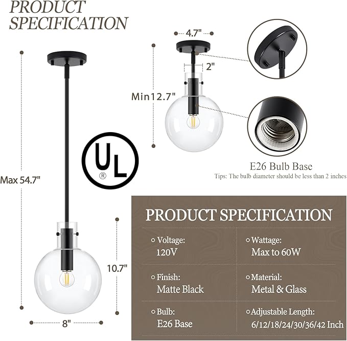 Black Pendant Lights Kitchen Island 2 Pack, 8" Large Globe Glass Hanging Light Fixtures with Clear Glass, Modern Kitchen Pendant Lighting Over Island for Sink Bathroom, OS-JJ528-2PBK