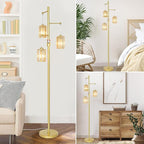 Boho Gold Crystal Floor Lamp, 3 Lights Vintage Dimmable Standing Lamp with Amber Crystal Shade, Dimmer Switch, Mid Century Modern Tree Lamp, 65IN Brass Tall Corner Lamps for Living Room Bedroom
