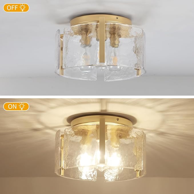 15'' Modern Gold Semi Flush Mount Ceiling Light, 3-Light Glass Drum Light Fixtures, Ceiling Lights for Hallway Entryway Foyer Bedroom Kitchen Dining Room Laundry Room Lighting Fixture, UL-Listed