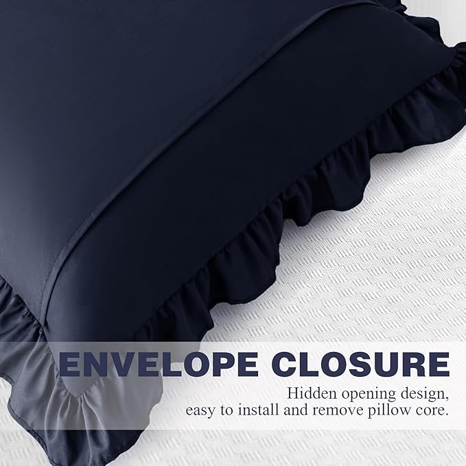 KKJIAF Ruffle Pillow Cases 26x26 Inches, Navy Blue Square Ruffled Pillow Covers Set of 2, Microfiber Wrinkle Resistant Pillow Shams with Envelope Closure for Sofa Bed Living Room