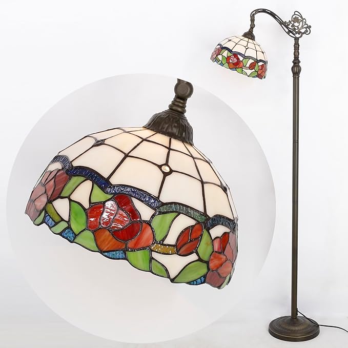 Tiffany Floor Lamp Stained Glass Rose Flower Style Arched Reading Light Gooseneck Adjustable Corner Standing Lamp 12X16X66 Inch for Bedroom Living Room Home Office