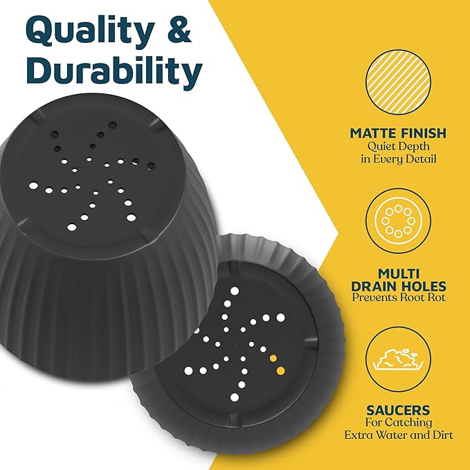 Black 6-Inch Plant Pots with Drainage & Saucers 3 Pack, Indoor & Outdoor Planters for Houseplants, Herbs, and Flowers, Durable & Weatherproof Material, Stackable, Lightweight, Minimalist Design